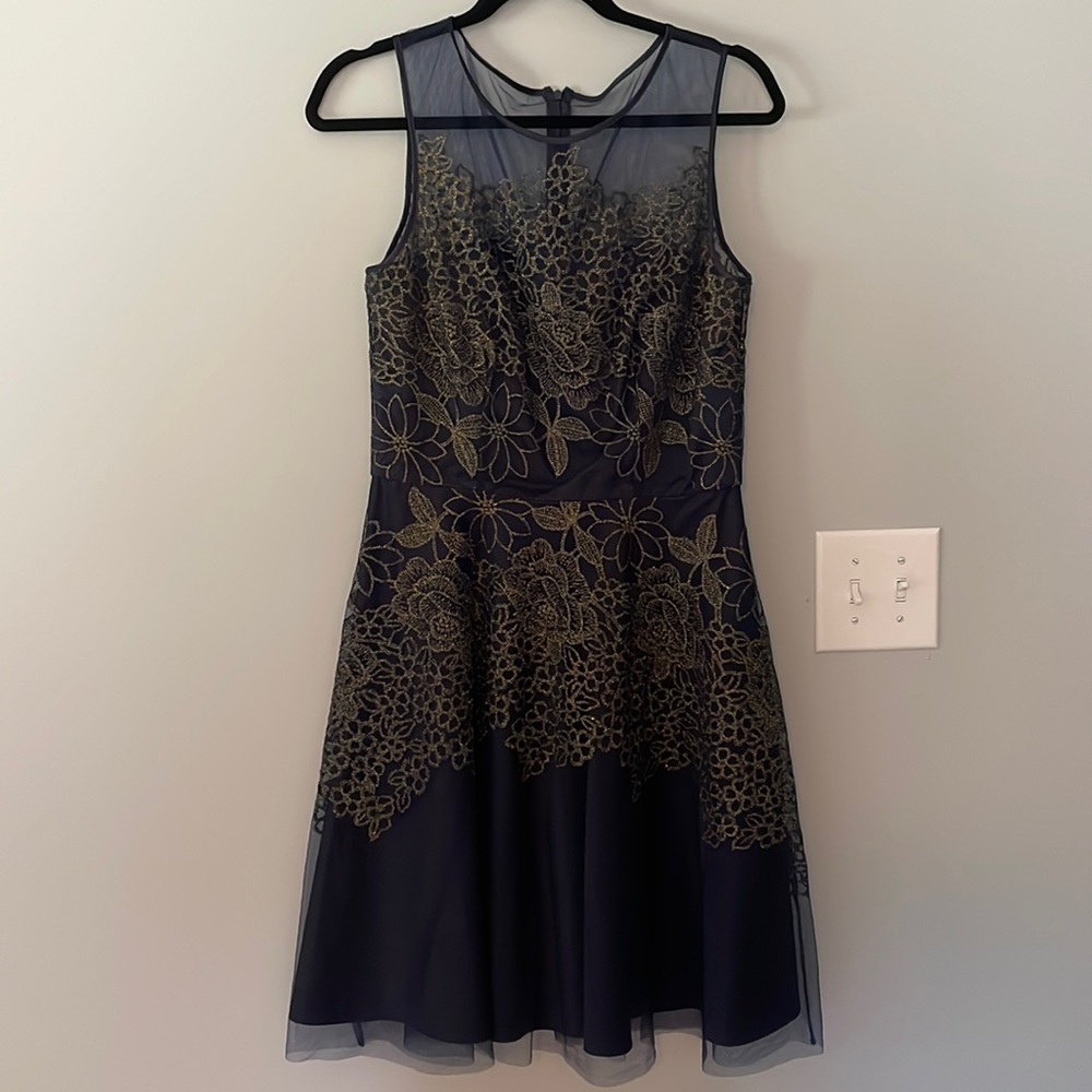 Tahari floral appliqué tulle dress